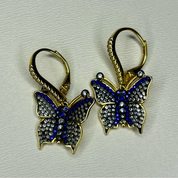 Beautiful Gold Plated 925 Blue Rhinestone Butterfly Earrings - Picture 5 of 10